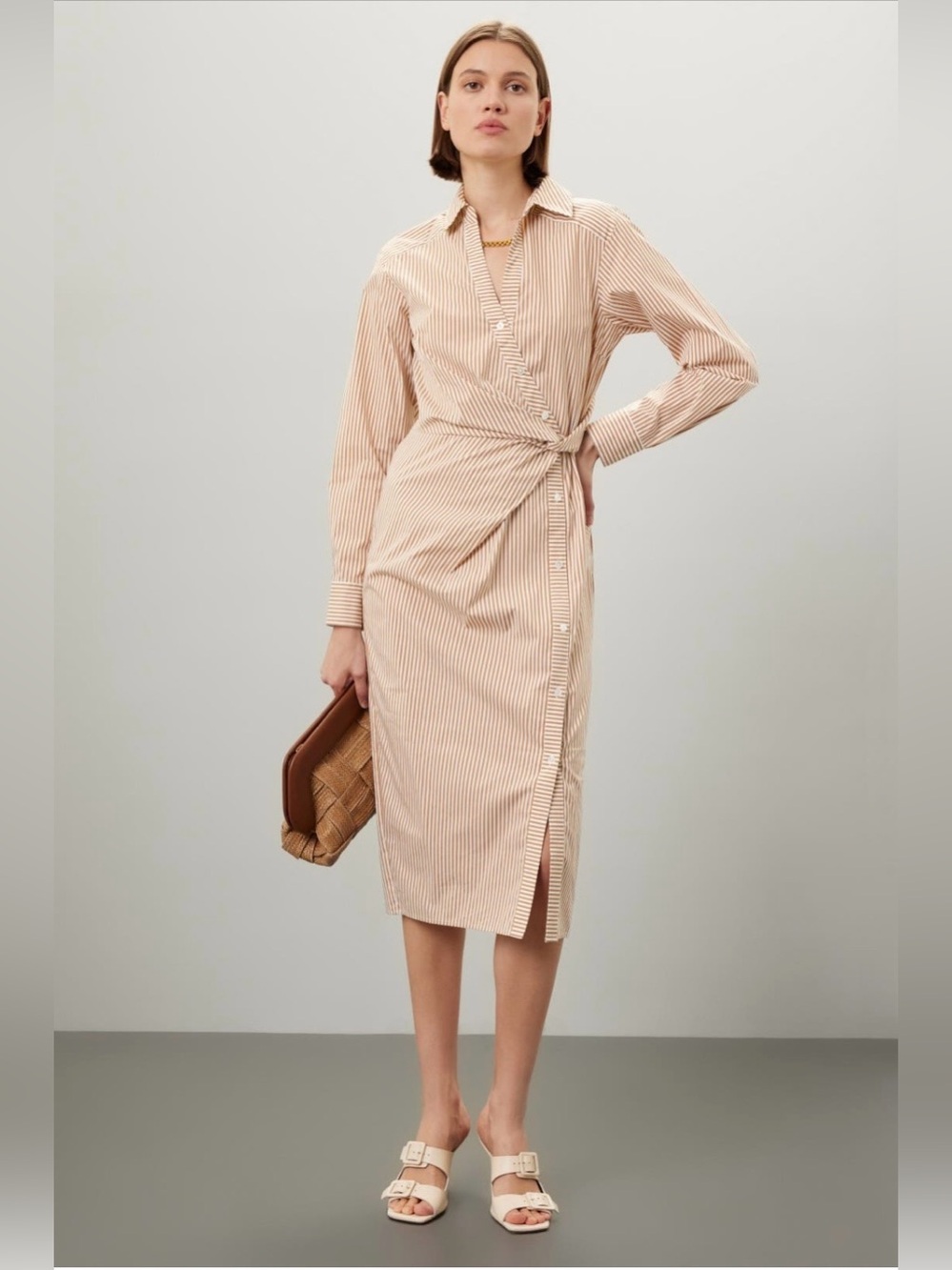 Veronica Beard~Beige and White Striped Wrap Midi Shirt Dress~Size 4~$498~